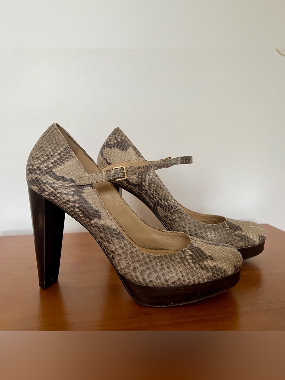Cole Haan, Nike Air Sole, Taupe Snakeskin Mary Jane High Heels, 7 1/2